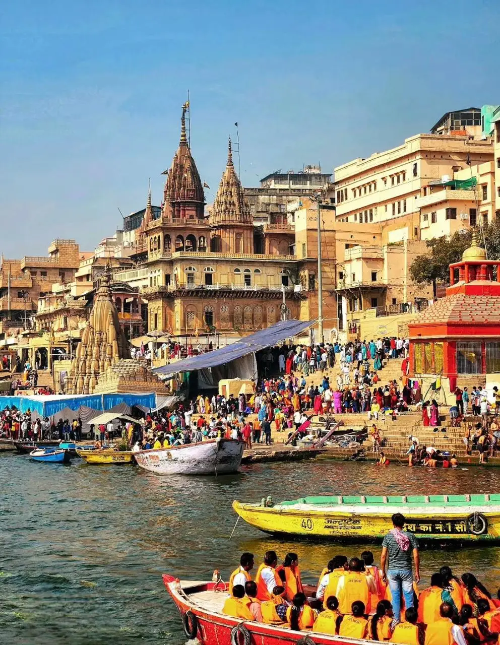 Manikarnika Ghat and the Kashi temples along the Ganges in Varanasi